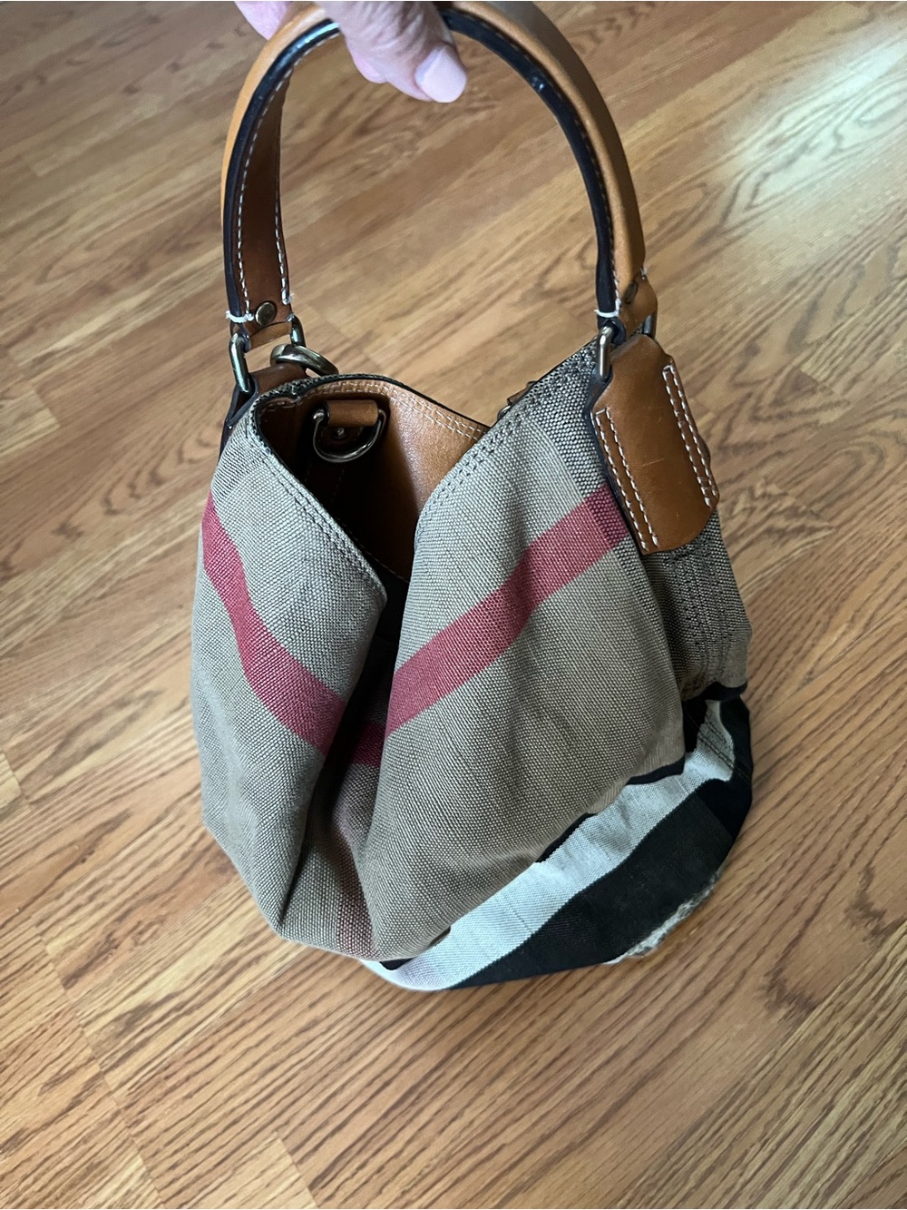 Burberry Ashby Tan Canvas Bucket With Brown Leather Handle and Strap